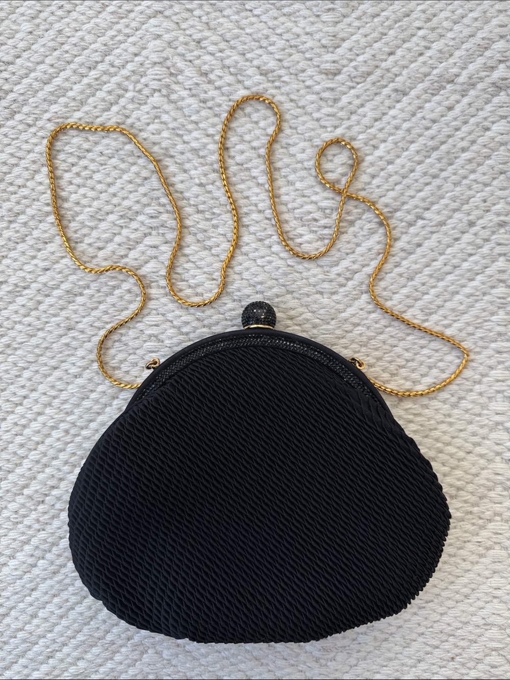 Vintage Judith Leiber Crystal Adorned Satin Black Clutch Purse